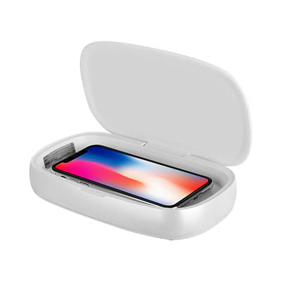 White Momax UV box with lid open and a smartphone placed inside for illustration