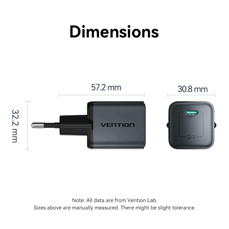 Vention 1-Port USB-C GaN Charger 20W dimensions showing 57.2 mm width, 32.2 mm height, 30.8 mm depth.