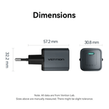 Vention 1-Port USB-C GaN Charger 20W dimensions showing 57.2 mm width, 32.2 mm height, 30.8 mm depth.