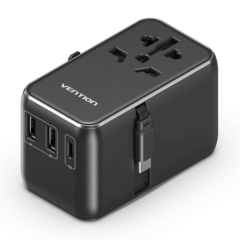 Vention 3-Port GaN Travel Adapter with Built-in Cable showcasing three ports and compact design.