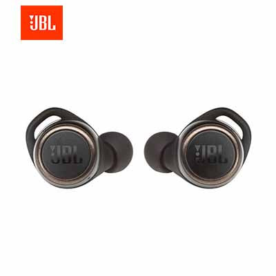 Pair of black JBL LIVE 300TWS earbuds viewed from the outer touch-control faces