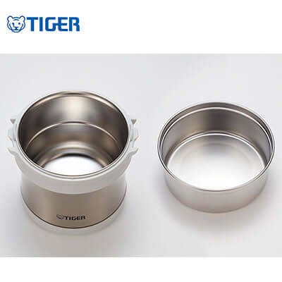 Open Tiger LXB-A100 food jar and separate side-dish container showing metal interiors