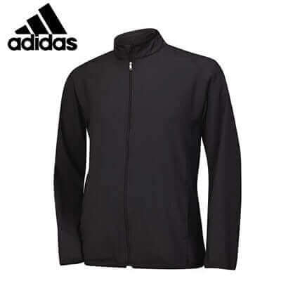Black adidas long-sleeve golf jacket front view with full zip and stand collar