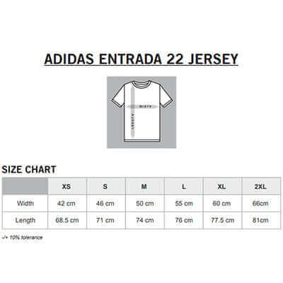 Size chart for adidas Entrada 22 Jersey including dimensions for XS, S, M, L, XL, 2XL.