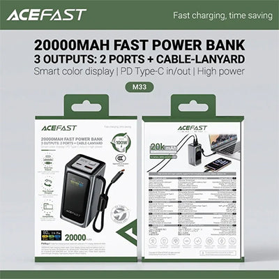 Acefast M33 Power Bank 20000mAh PD 100W Fast Charging with Built-In Cable CCC Certified