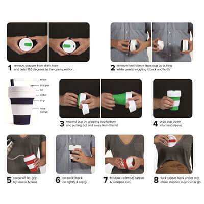 Step-by-step catalogue photos showing hands collapsing and reassembling a Stojo cup