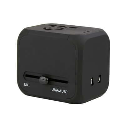 Black four-plug travel adaptor with top socket, plug selector and two USB ports