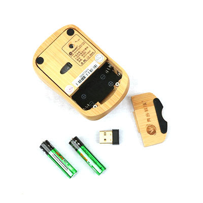 Mouse underside with battery compartment open beside its cover, USB receiver and two example batteries