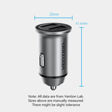 Vention Car Charger 30W with Dual USB Ports dimensions showing size and design.