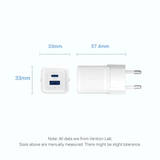 Vention Dual Ports USB (C+A) GaN Charger 30W dimensions showing 33mm x 57.4mm for compact design.
