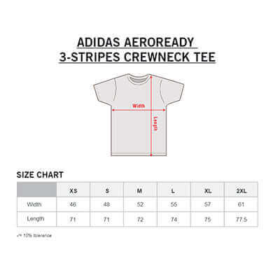 Size guide for adidas Aeroready 3-Stripes Crewneck Tee with width and length measurements from XS to 2XL