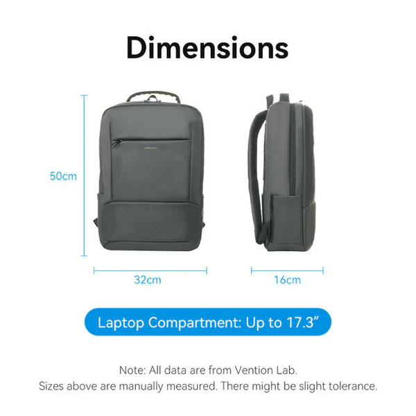 Dimensions of Vention 17.3 Inch Water-Repellent Laptop Backpack showing 50cm height, 32cm width, and 16cm depth.