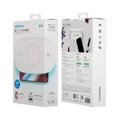 Front and rear views of Momax Q.Power UV-Box retail packaging with charging illustrations