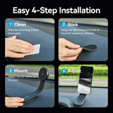 Easy 4-step installation guide for Vention Wireless Car Mount Charger 15W with cleaning, sticking, mounting, and adjusting steps.