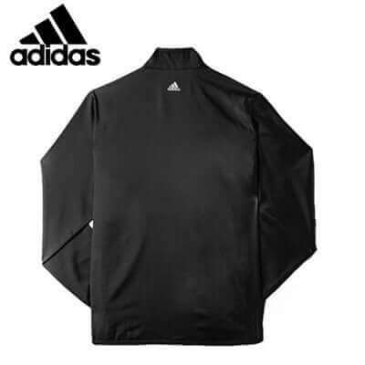 Back view of black adidas long-sleeve golf jacket with small adidas mark below the collar