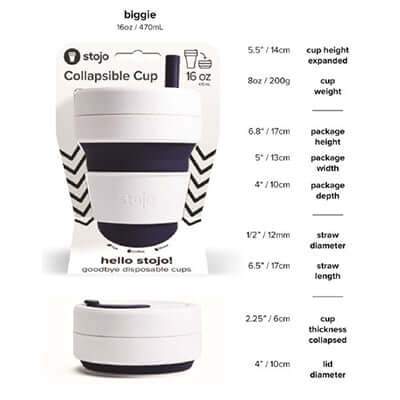 Stojo Pocket 12oz cup specification graphic showing expanded and collapsed forms with dimensions