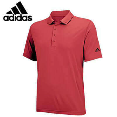 Red adidas Men Comfort Golf Polo Tee, front view with adidas sleeve logo