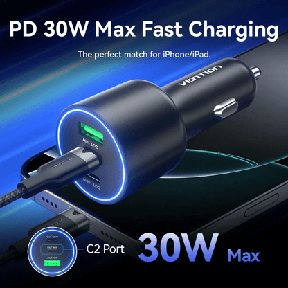 Vention Three-Port USB C+C+A Car Charger with PD 30W Max Fast Charging for fast and efficient device charging.