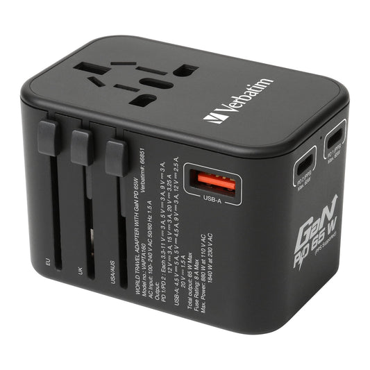 Verbatim 3 Port 65W PD 3.0 & QC 3.0 GaN Universal Travel Adaptor Executive Corporate Gifts Singapore