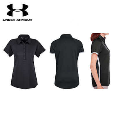 Black women’s Under Armour Corp Rival polo shown from front, back and on a model
