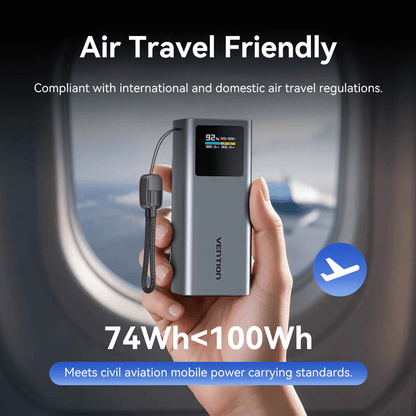 Vention 20000mAh Power Bank 100W displayed as air travel friendly with digital panel and regulations compliance.