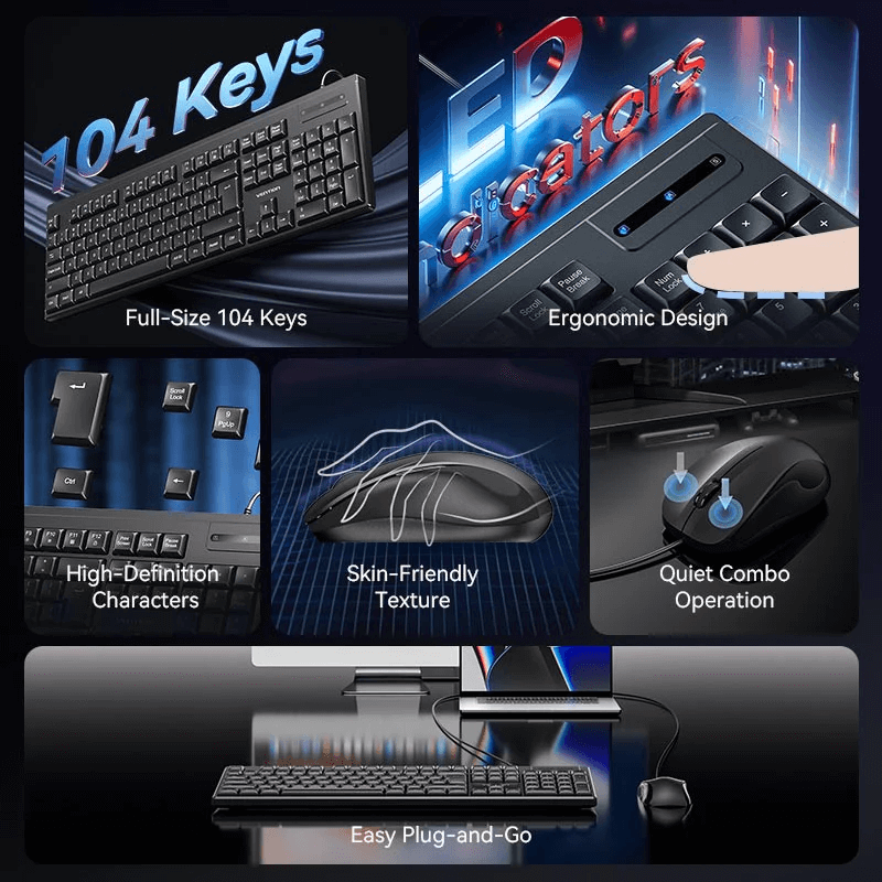 Vention USB Wired Full-Sized Silent Slim Keyboard and Mouse Combo features ergonomic design and skin-friendly texture.