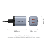 Vention 2-Port GaN Charger 45W dimensions showing dual USB-C ports for efficient charging.