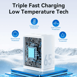 Vention 3-Port USB (C+C+A) GaN Charger 65W showcasing triple fast charging features and protection technology.