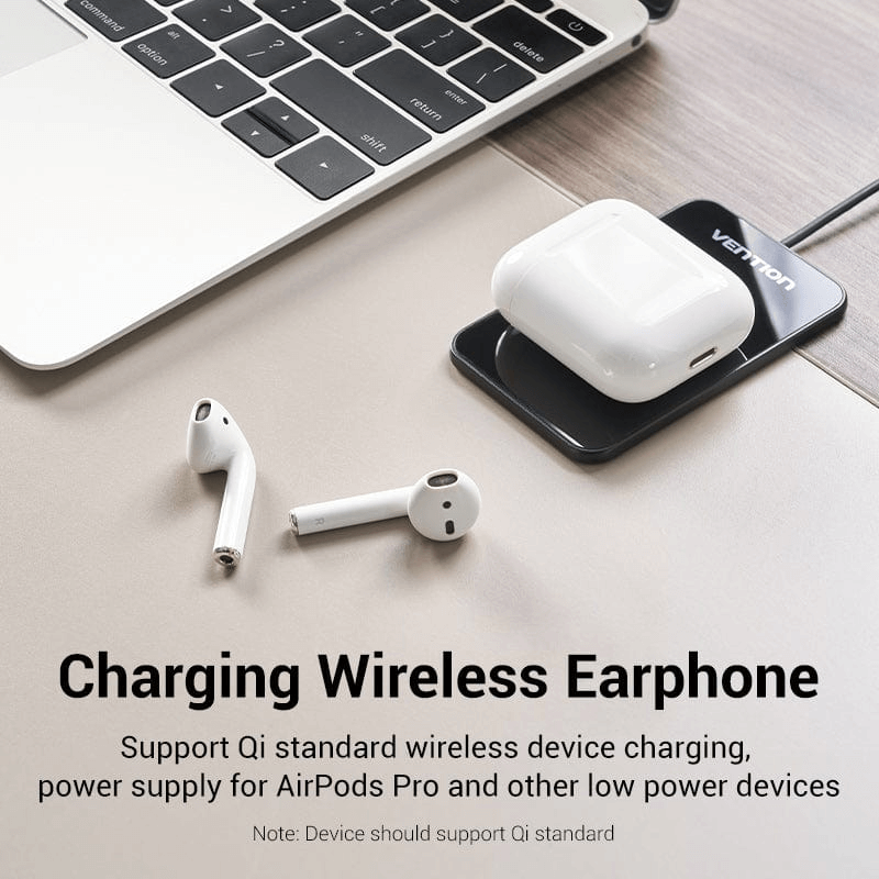 Vention Wireless Charger 15W Ultra-thin Mirrored Surface charging AirPods and wireless earphones on a desk.