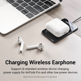 Vention Wireless Charger 15W Ultra-thin Mirrored Surface charging AirPods and wireless earphones on a desk.