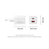 Vention 2-Port USB (C + A) GaN Charger (30W/30W) side view showing dimensions and ports