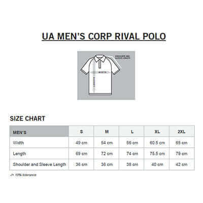 Men’s Under Armour Corp Rival polo size chart with garment diagram and measurement table