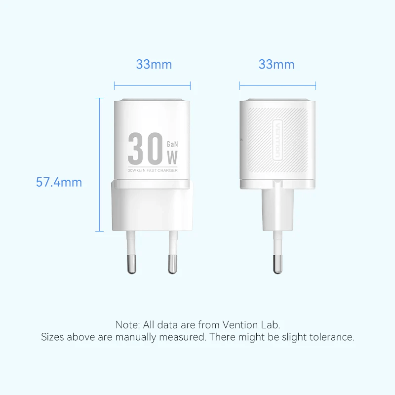 Vention 1-Port USB-C GaN Charger 30W dimensions and design showcasing compact size for efficient charging.