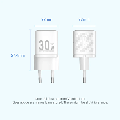 Vention 1-Port USB-C GaN Charger 30W dimensions and design showcasing compact size for efficient charging.