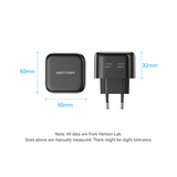 Vention 2-Port USB (C+C) GaN Charger 35W showing dimensions of 50mm x 50mm x 32mm, perfect for corporate gift.