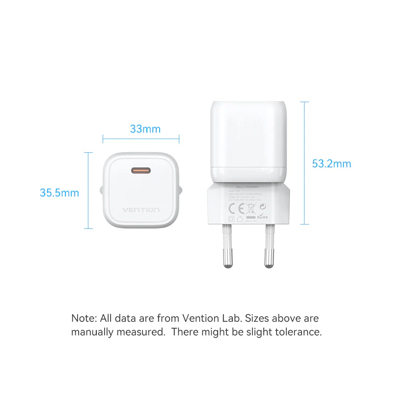 Vention 1-Port USB-C GaN Charger 30W dimensions with measurement details and sleek design.
