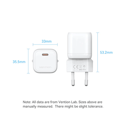 Vention 1-Port USB-C GaN Charger 30W dimensions with measurement details and sleek design.