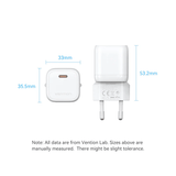 Vention 1-Port USB-C GaN Charger 30W dimensions with measurement details and sleek design.