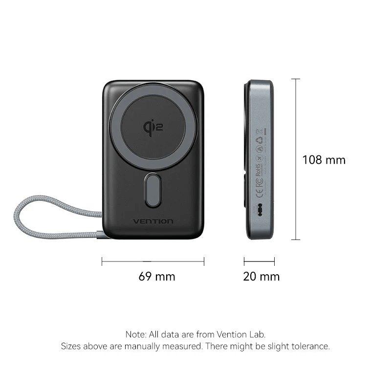 Vention Qi2 10000mAh Power Bank 35W dimensions illustration with Qi2 certification details.