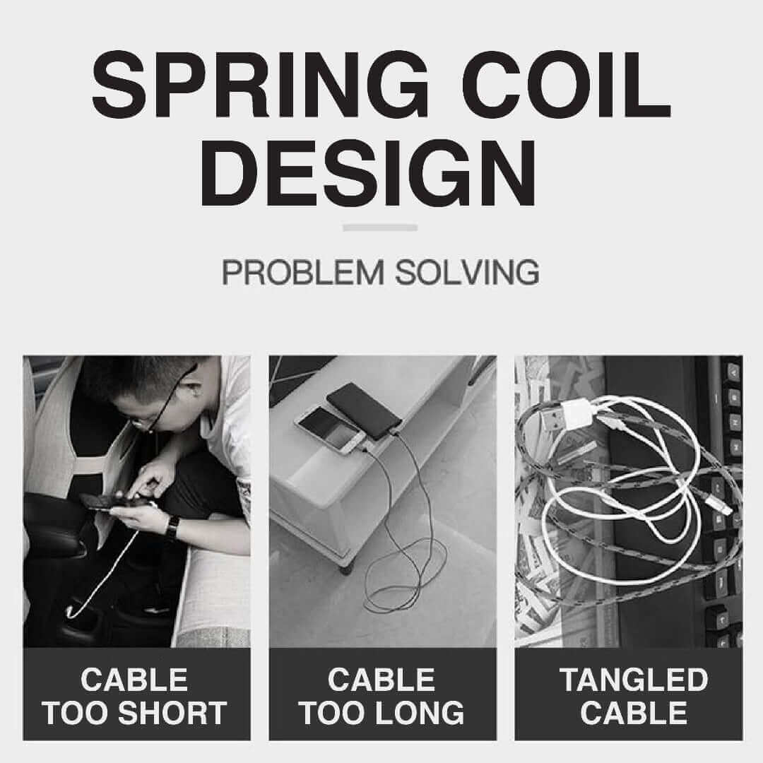Spring-coil cable design graphic illustrating different cable lengths and cable storage situations