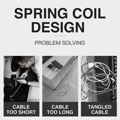 Spring-coil cable design graphic illustrating different cable lengths and cable storage situations
