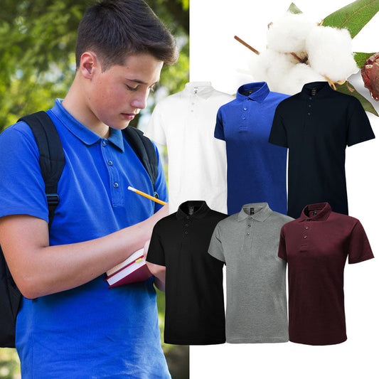 VERANO cotton polo colour selection with a model wearing royal blue and six shirt colours