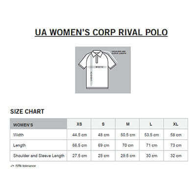 Women’s Under Armour Corp Rival polo size chart with separate garment measurements