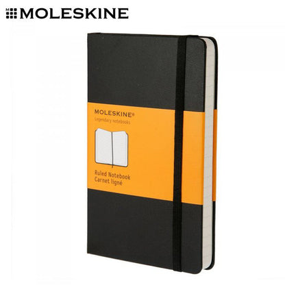 Black Moleskine Classic hard-cover ruled notebook with elastic closure and orange paper band
