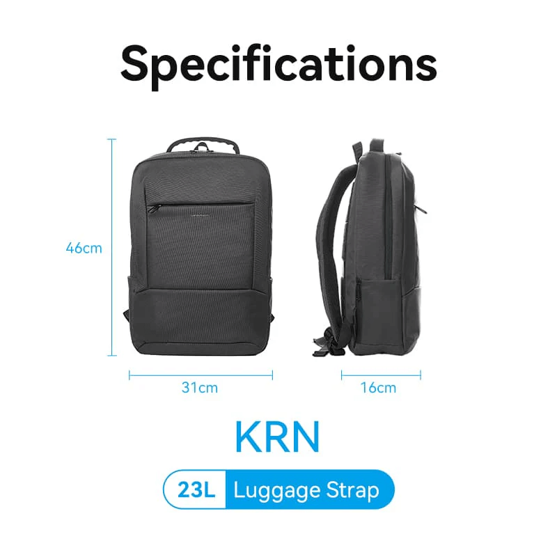Vention Water-Repellent Laptop Backpack KRNB0 specifications including dimensions and luggage strap details.