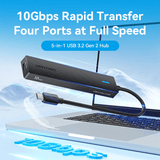 Vention 5-in-1 USB 3.2 Gen 2 Rapid Transfer Hub with 10Gbps speed and four ports for quick data transfer.