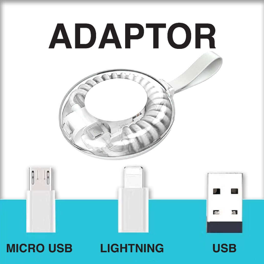 Connector adapter reference identifying Micro-USB, Lightning and USB-A adapters supplied in the cable case