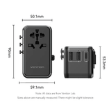 Vention 3-Port GaN Travel Adapter with Built-in Cable dimensions showing width, height, and depth for global use.