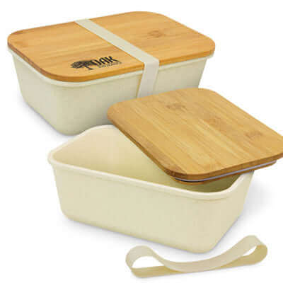 Bambino Lunch Box with bamboo lid and silicone band, eco-friendly meal solution, ideal Corporate Gift Singapore.