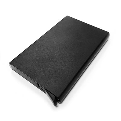 Black metal card holder shown closed with a plain rectangular face